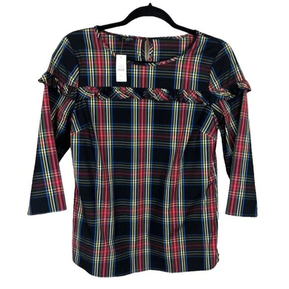 Talbots Womens Stewart Plaid Poplin Ruffle Top‎ Petite SP Holidays NWT $90 - Picture 4 of 10
